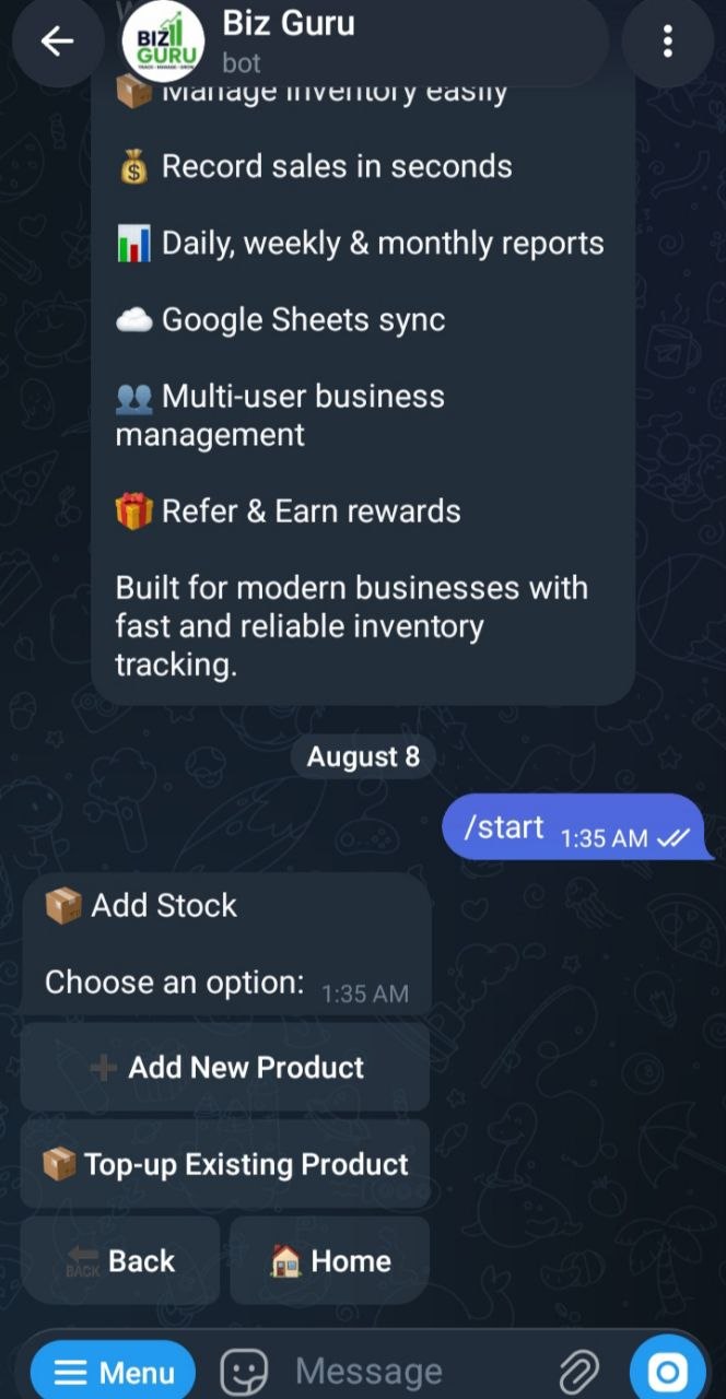BizGuru add stock menu with new product and top-up options