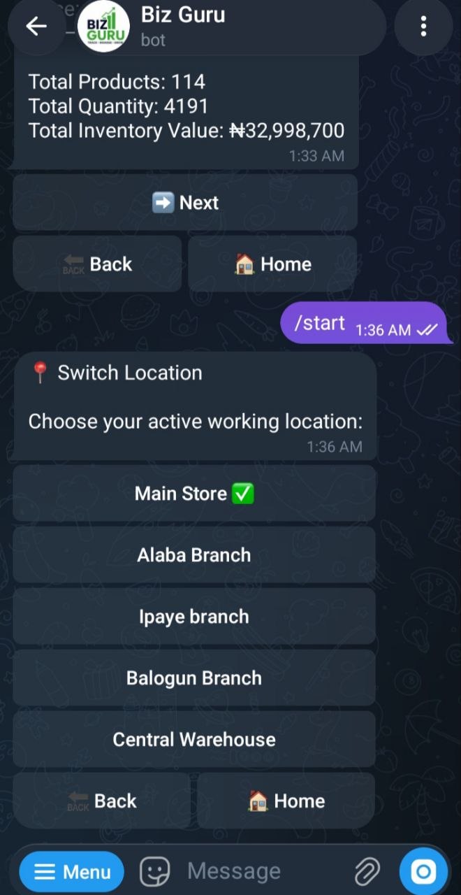 BizGuru switch location screen listing stores, branches and warehouse