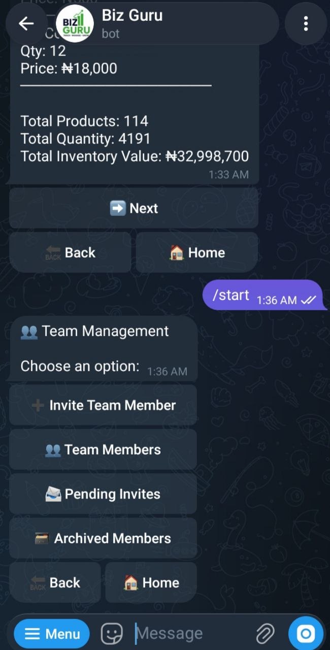 BizGuru team management menu with members, invites and archive