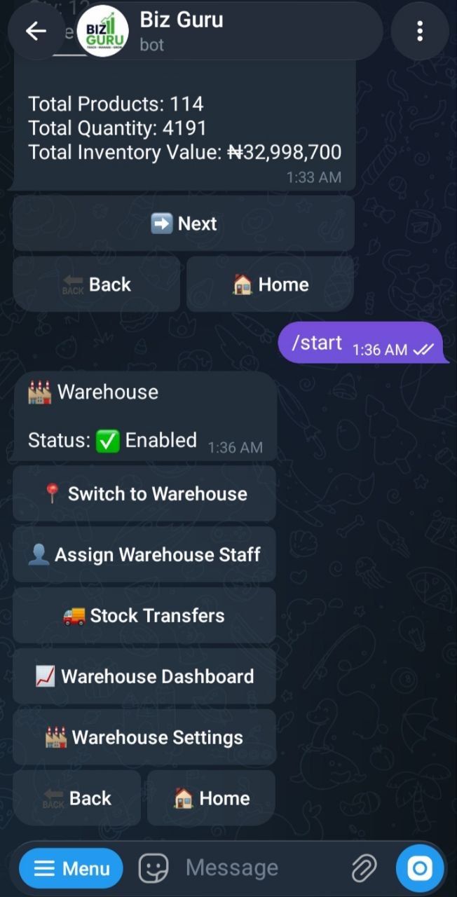 BizGuru warehouse menu showing transfers, staff, dashboard and settings